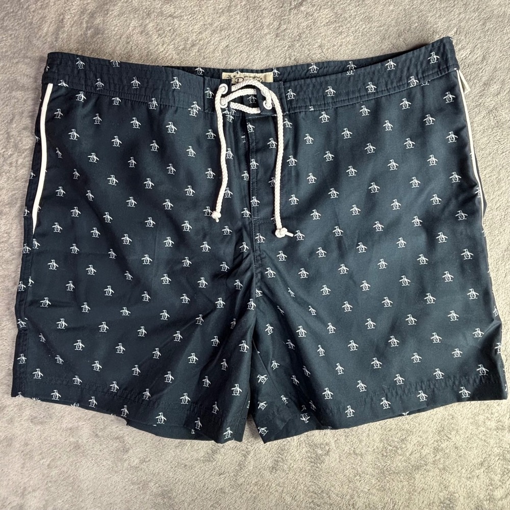 Original Penguin Swim Trunks Mens 38 Navy Blue Logo Print Mesh Lined 6in Inseam